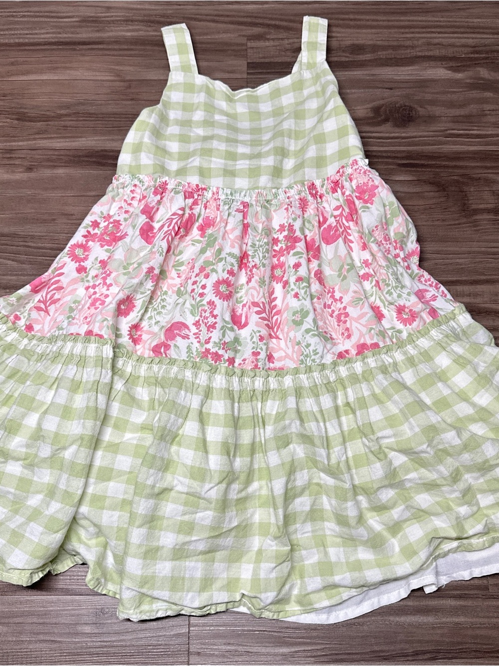 Rachel Zoe Green Girl Sz 7 Gingham and Pink Floral Tiered Summer Sundress